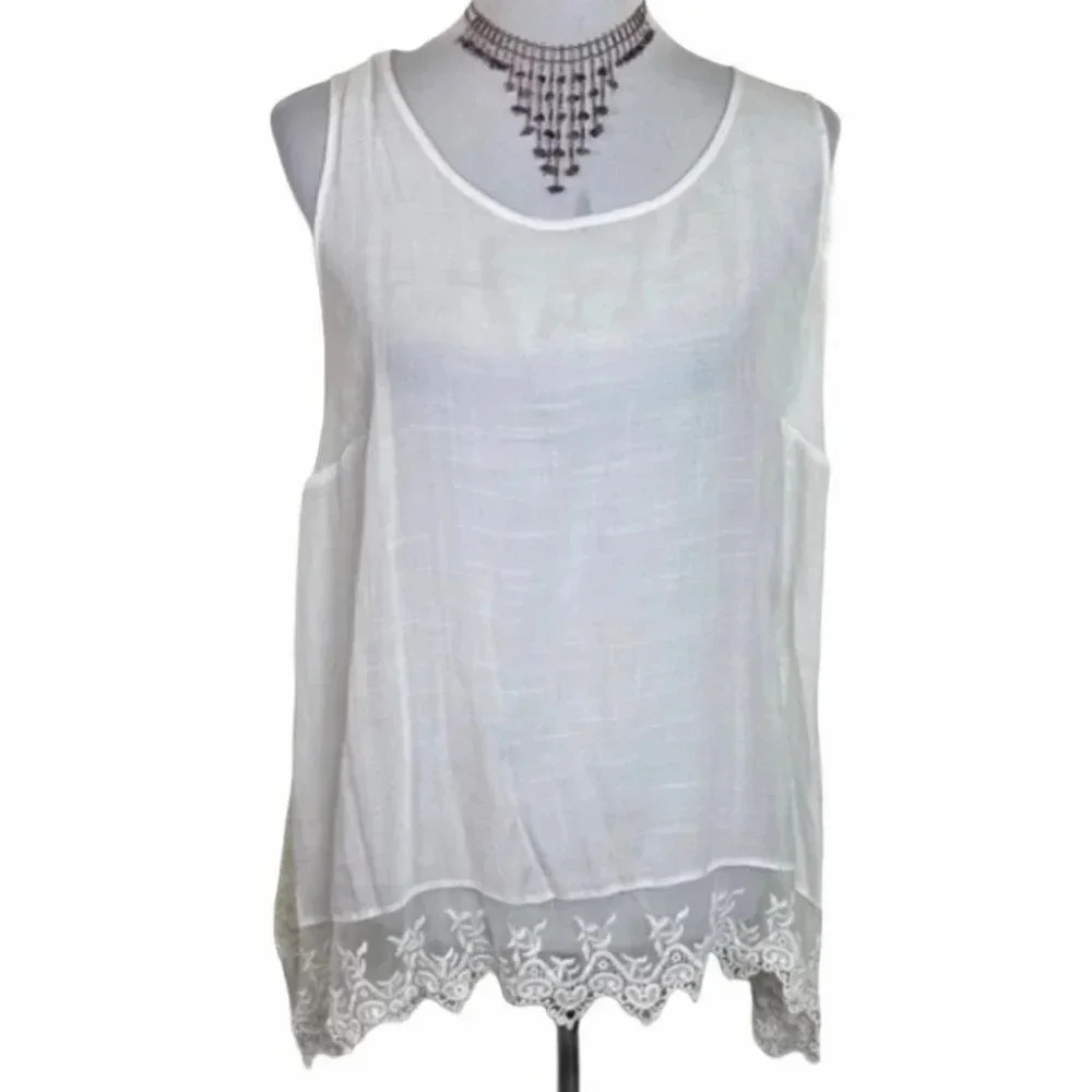 ALYX Tank Top 0X White Lace Trim Sharkbite Hem Sleeveless Tunic Plus‎ Size